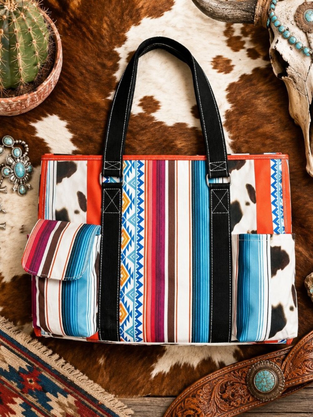 NGIL Heartland Ranch Utility Tote Southwestern Serape Cow Print Multi Pocket Bag